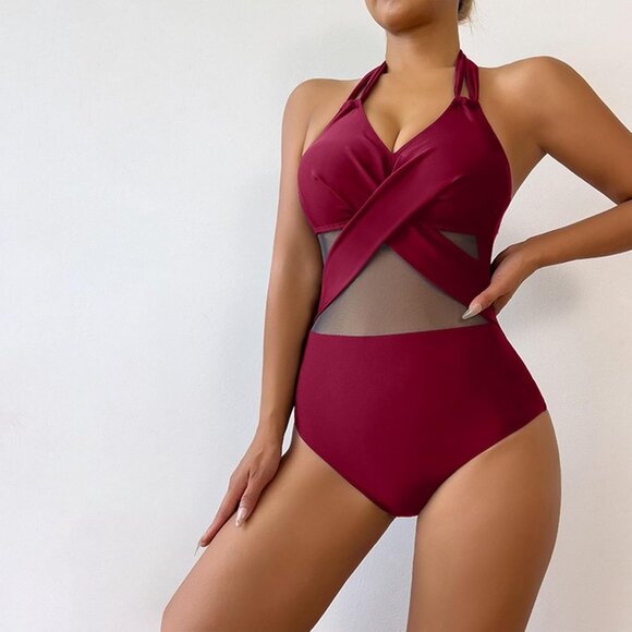 HGps8w Women's Halter One Piece Swimsuit Mesh Patchwork Ruched Tummy Control Bat - Picture 7 of 7